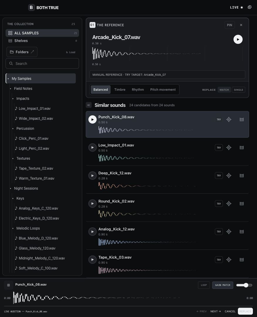 BOTH TRUE dark interface showing the same reference search