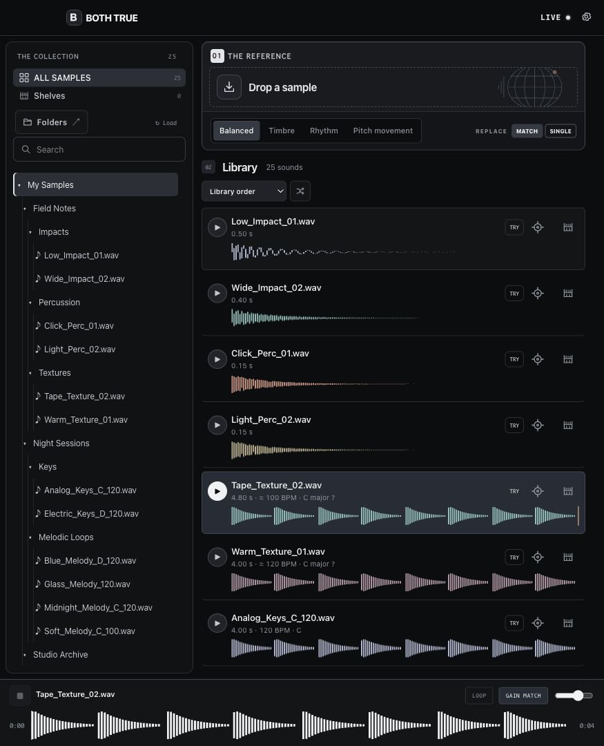 BOTH TRUE dark library interface with folders and samples