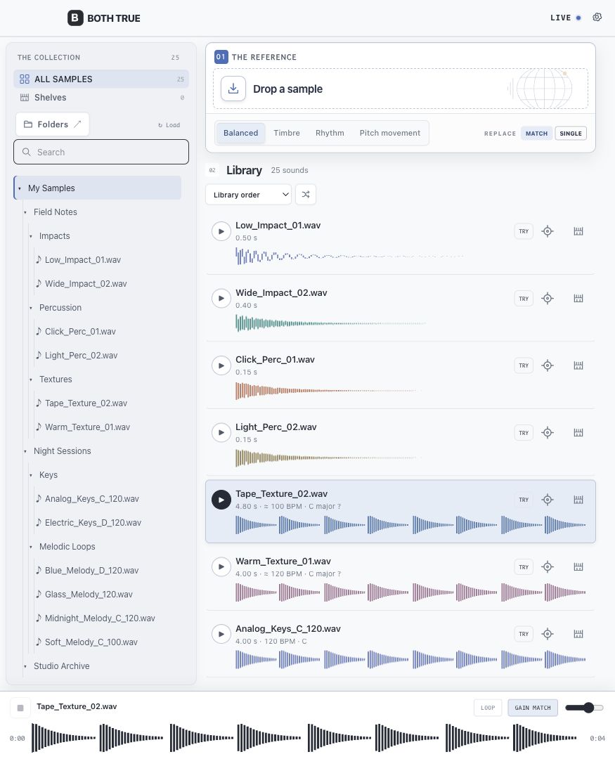 BOTH TRUE light library interface with folders and samples