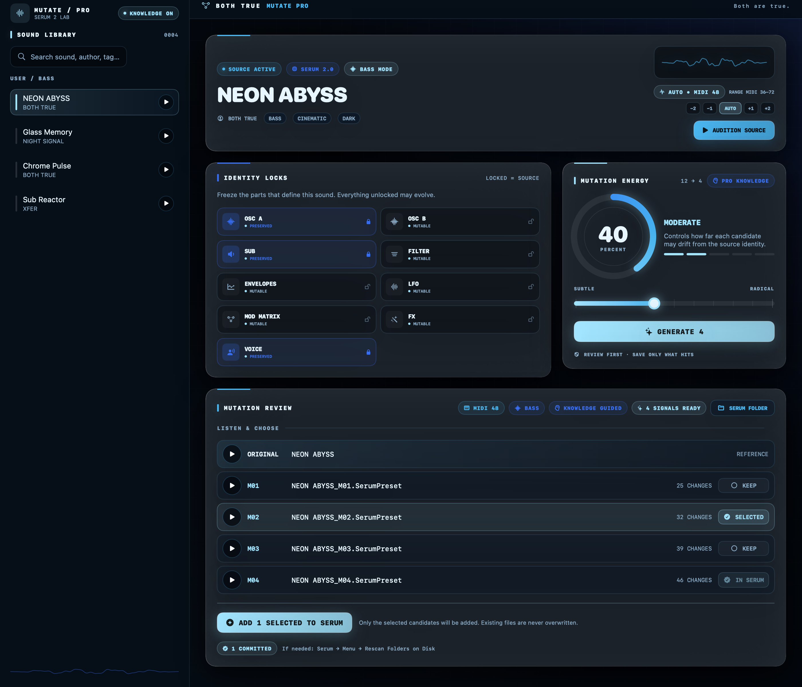MUTATE PRO application with source library, identity locks, PRO Knowledge and four preset variations